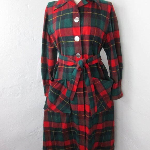 Housecoat Robe Vintage MCM 50s PENDLETON Red Tartan Plaid Belted Women's Size L - Picture 3 of 8